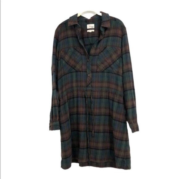 Wilfred Free plaid flannel drawstring dress green brown cotton  cozy fall dress - Picture 1 of 16